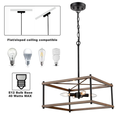 Farmhouse 4-Light Black Metal with Wood Grain Paint Large Rectangular chandelier for Kitchen