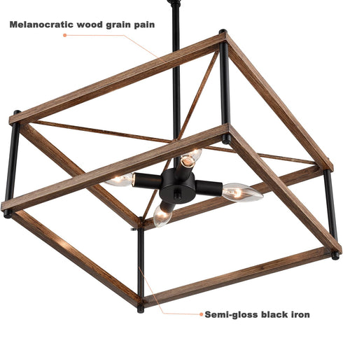 Farmhouse 4-Light Black Metal with Wood Grain Paint Large Rectangular chandelier for Kitchen