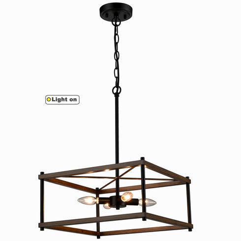Farmhouse 4-Light Black Metal with Wood Grain Paint Large Rectangular chandelier for Kitchen