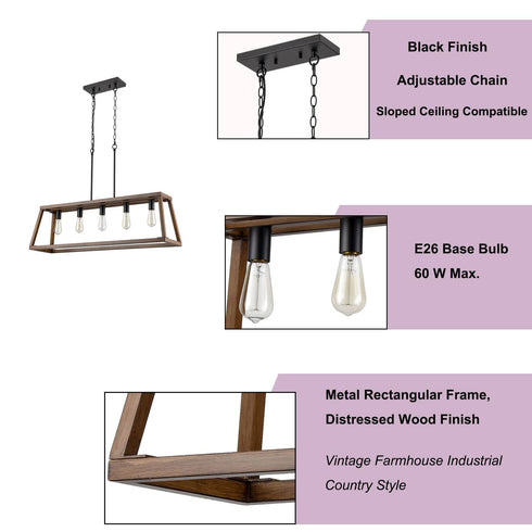 Farmhouse 5-Light Chandeliers for Dining Room Rustic Wood Grain Finish