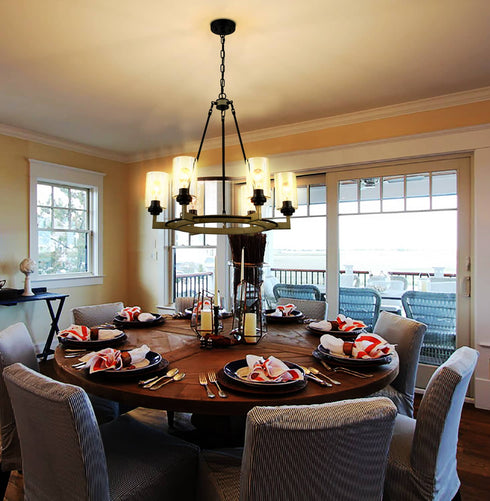 Farmhouse 6 Lights Black Wagon Wheel Pendant Light Large Round Chandelier For Dining Room