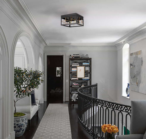 Farmhouse Black Flush Mount Ceiling Light Brass Fixture, 2-Light