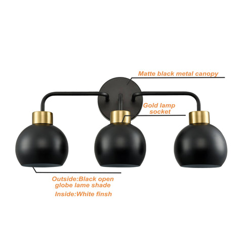 Farmhouse Black Wall Sconce Bathroom Globe Vanity Wall Lighting Industrial 3-Light Fixture Over Mirror for Bathroom Living Room Bedroom