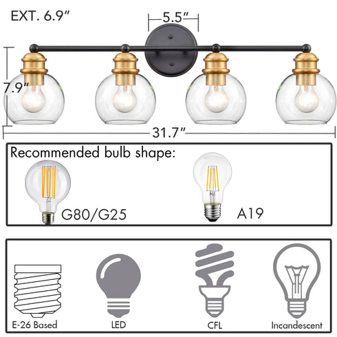 Farmhouse Black and Brass 4-Light Bathroom Globe Vanity Light