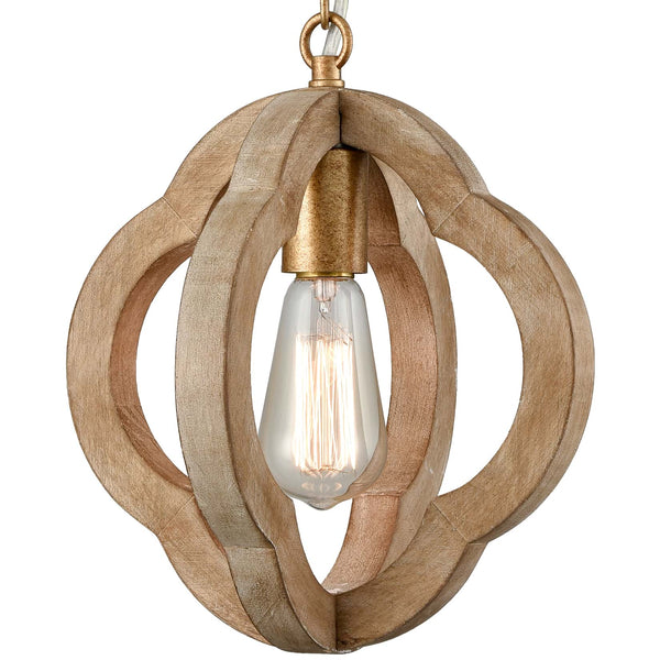 Farmhouse Brown Wooden Pendant Light Fixture Antiqued Gold Finish