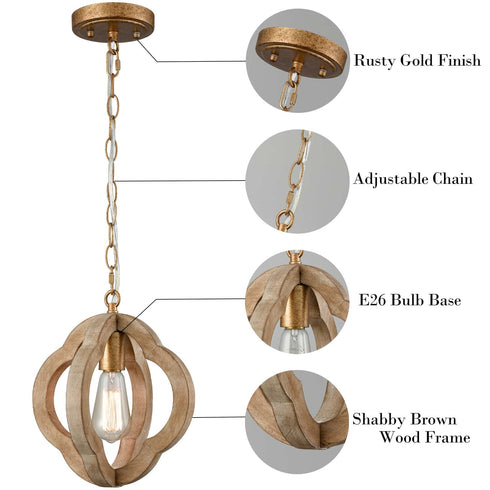 Farmhouse Brown Wooden Pendant Light Fixture Antiqued Gold Finish