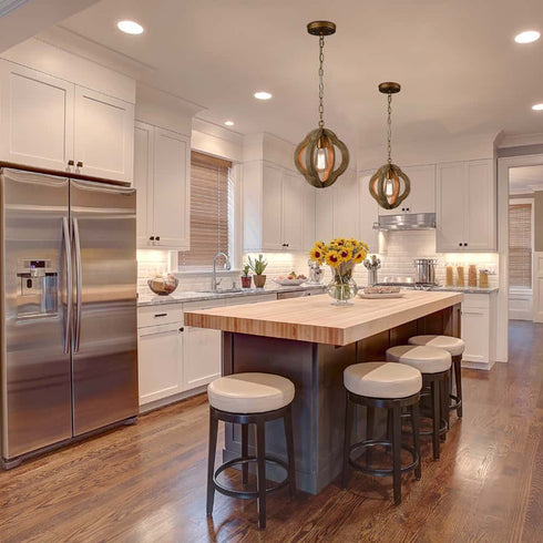 Farmhouse Brown Wooden Pendant Light Fixture Antiqued Gold Finish