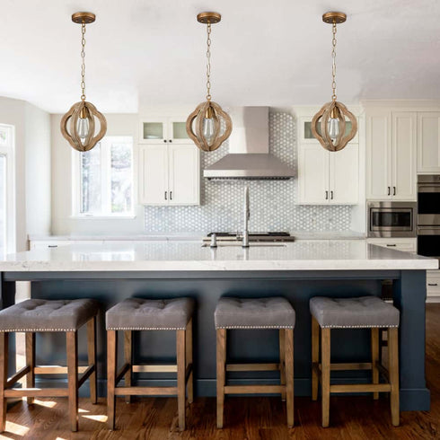 Farmhouse Brown Wooden Pendant Light Fixture Antiqued Gold Finish