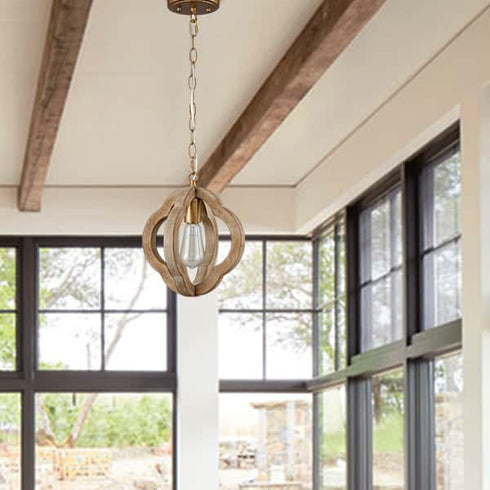 Farmhouse Brown Wooden Pendant Light Fixture Antiqued Gold Finish