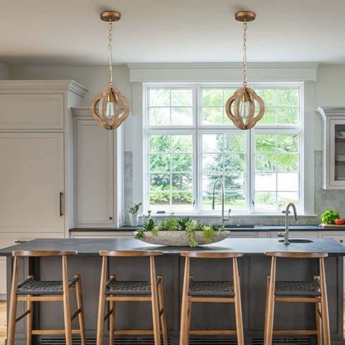 Farmhouse Brown Wooden Pendant Light Fixture Antiqued Gold Finish