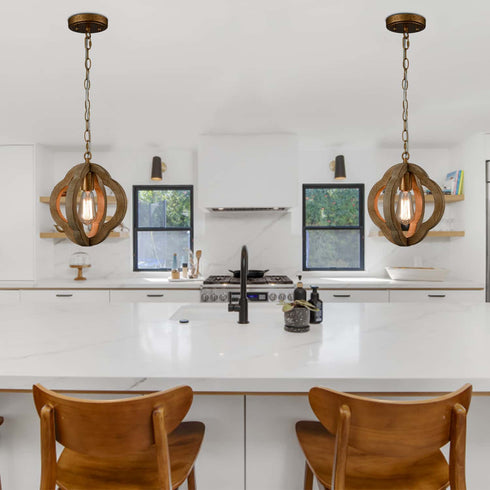 Farmhouse Brown Wooden Pendant Light Fixture Antiqued Gold Finish