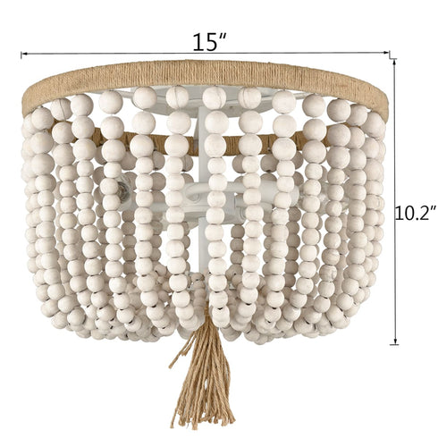 Farmhouse Ceiling Light Wood Beads 3-Light Flush Mount Chandelier