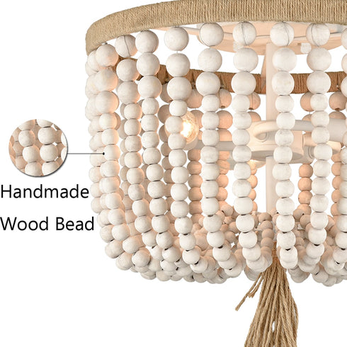 Farmhouse Ceiling Light Wood Beads 3-Light Flush Mount Chandelier