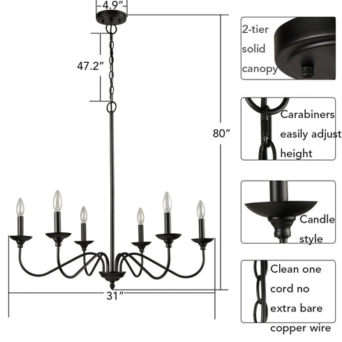 Farmhouse Chandelier Black Candle Chandelier, 6-Light