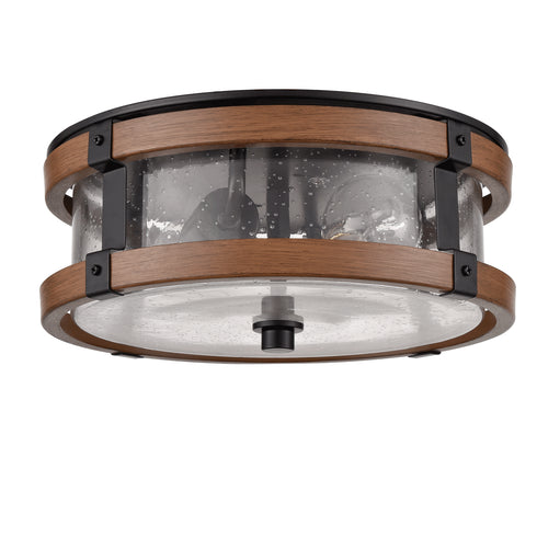 Farmhouse Clear Seeded Glass Ceiling Light Fixture Black+Rustic Wood Grain Finish