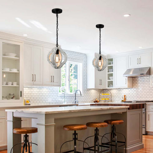Farmhouse Distressed White Wood Pendant Light Fixture
