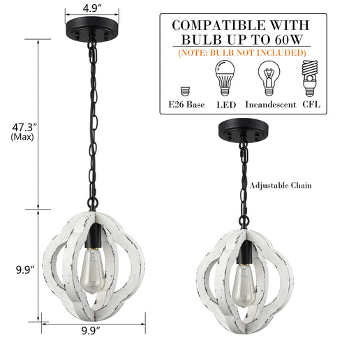 Farmhouse Distressed White Wood Pendant Light Fixture