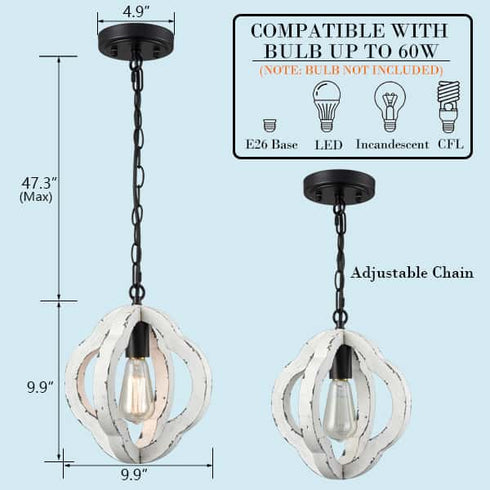 Farmhouse Distressed White Wood Pendant Light Fixture