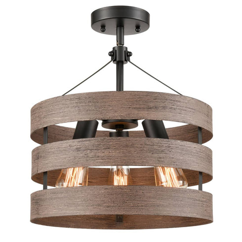 Velletri Farmhouse Metal Drum Ceiling Light Wood Finish Dining Room Fixture