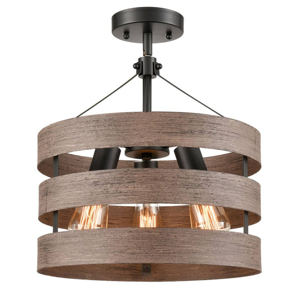 Velletri Farmhouse Metal Drum Ceiling Light Wood Finish Dining Room Fixture