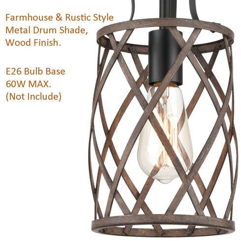 Farmhouse Metal Drum Ceiling Pendant Light Wood Finish 1-Light