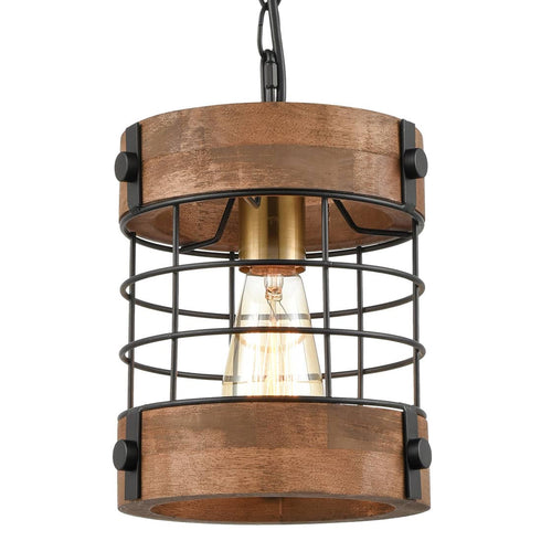 Farmhouse Metal Wood Cage Pendant Hanging Light Distressed Brown