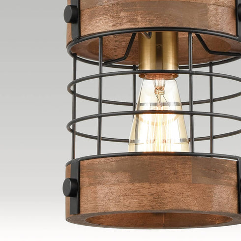 Farmhouse Metal Wood Cage Pendant Hanging Light Distressed Brown