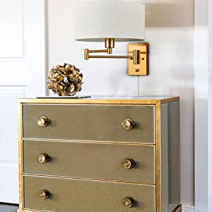 Farmhouse Wall Sconces Plug in Set of Two Brass Swing Arm Wall Lamp with Fabric Shade