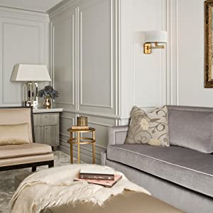 Farmhouse Wall Sconces Plug in Set of Two Brass Swing Arm Wall Lamp with Fabric Shade