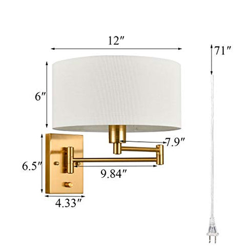 Farmhouse Wall Sconces Plug in Set of Two Brass Swing Arm Wall Lamp with Fabric Shade