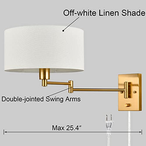 Farmhouse Wall Sconces Plug in Set of Two Brass Swing Arm Wall Lamp with Fabric Shade