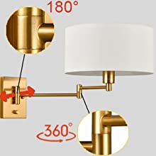 Farmhouse Wall Sconces Plug in Set of Two Brass Swing Arm Wall Lamp with Fabric Shade