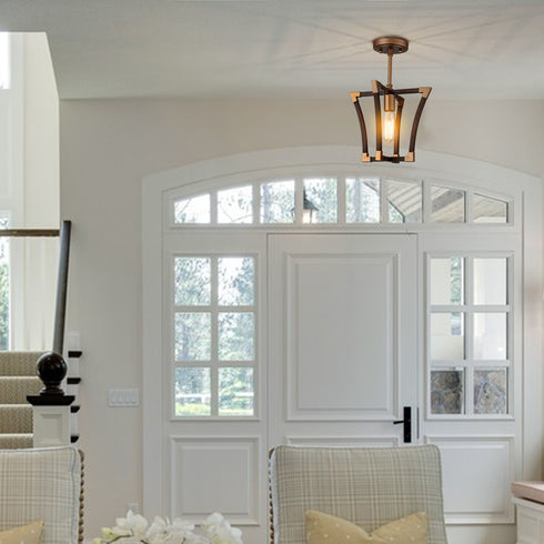 Farmhouse Semi Flush Ceiling Light Rustic Wood Grain Finish