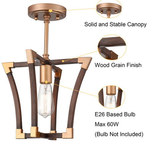 Farmhouse Semi Flush Ceiling Light Rustic Wood Grain Finish