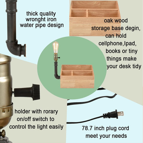 Farmhouse Table Lamp with Wooden Storage Base Plug in Light