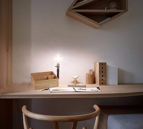 Farmhouse Table Lamp with Wooden Storage Base Plug in Light