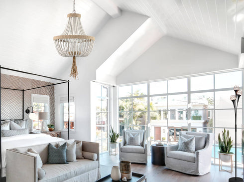 Farmhouse White Wood Beaded Chandeliers Large Dining Room Pendant Chandelier