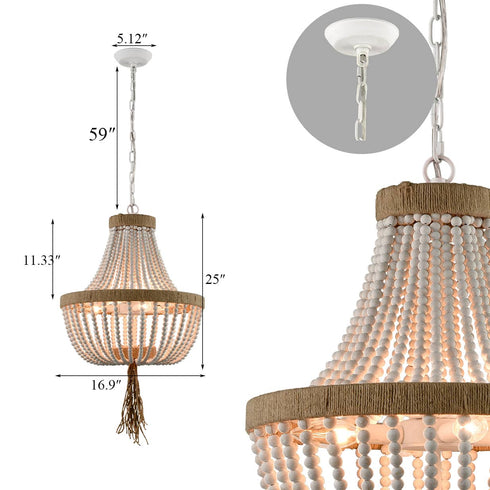 Farmhouse White Wood Beaded Chandeliers Large Dining Room Pendant Chandelier