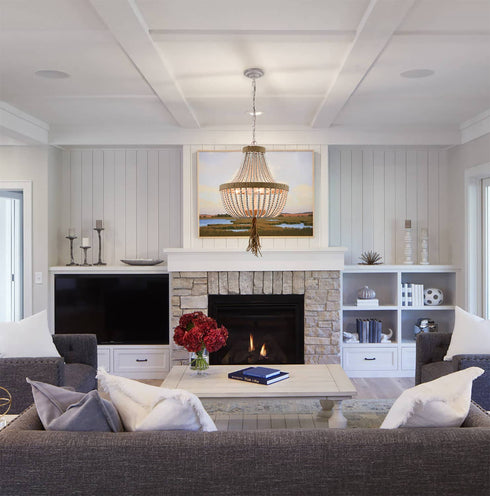 Farmhouse White Wood Beaded Chandeliers Large Dining Room Pendant Chandelier