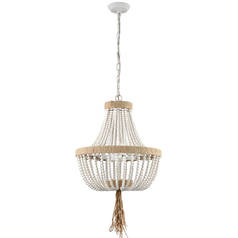 Farmhouse White Wood Beaded Chandeliers Large Dining Room Pendant Chandelier