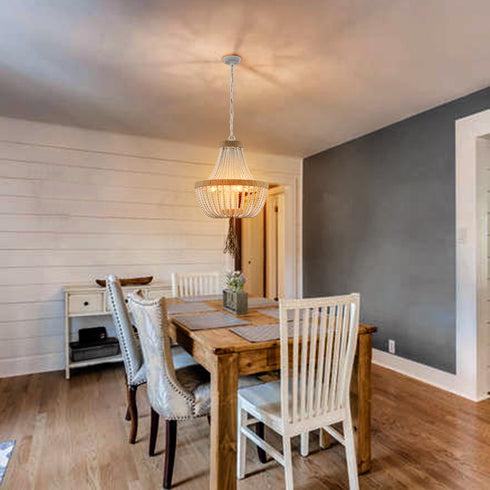 Farmhouse White Wood Beaded Chandeliers Large Dining Room Pendant Chandelier