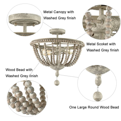 Farmhouse Wood Beaded Semi Flush Mount Ceiling Lights Grey