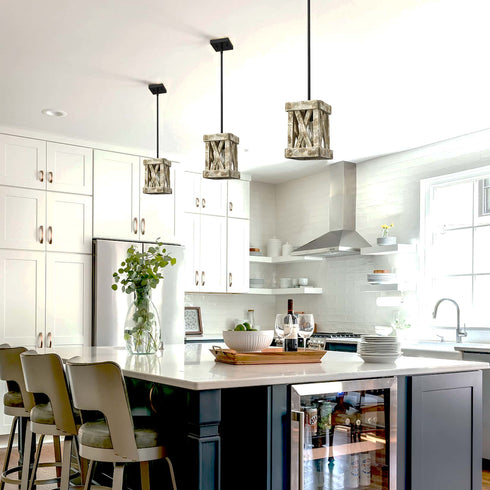 Farmhouse Wood Pendant Light Fixture Black Finish