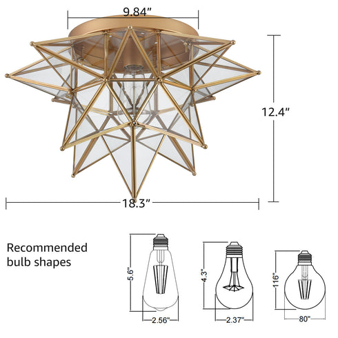 Brass Moravian Star Ceiling Light, 18-in, Transparent Glass