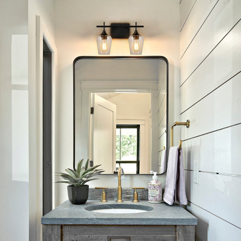 2-Light Bathroom Vanity Lighting Clear Glass Wall Sconces Matte Black