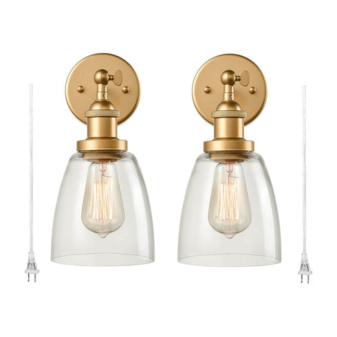 Glass Wall Sconce Industrial Brass Hardwired and Plug-in Wall Light-2 Pack