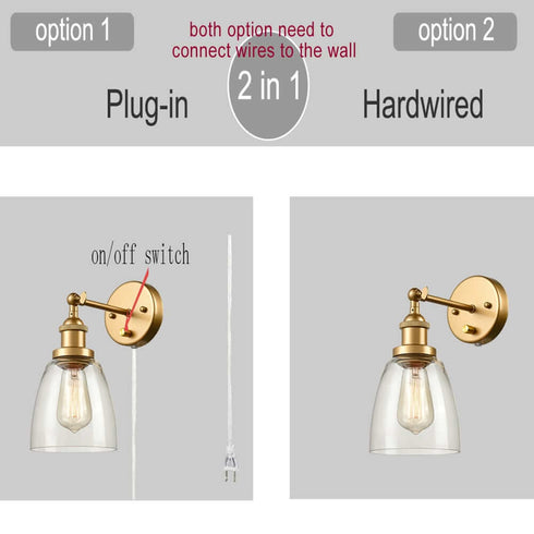 Glass Wall Sconce Industrial Brass Hardwired and Plug-in Wall Light-2 Pack