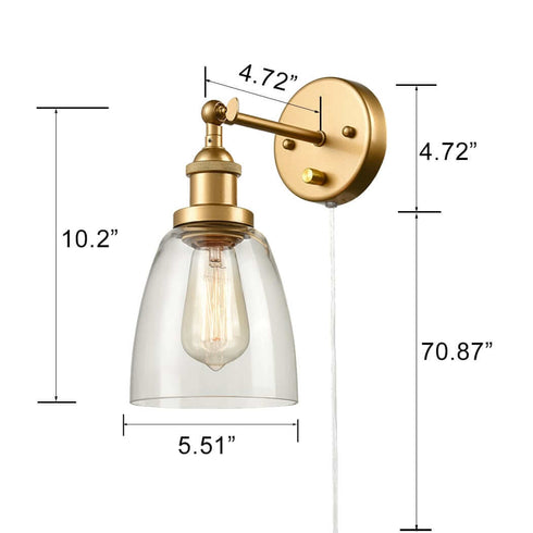 Glass Wall Sconce Industrial Brass Hardwired and Plug-in Wall Light-2 Pack
