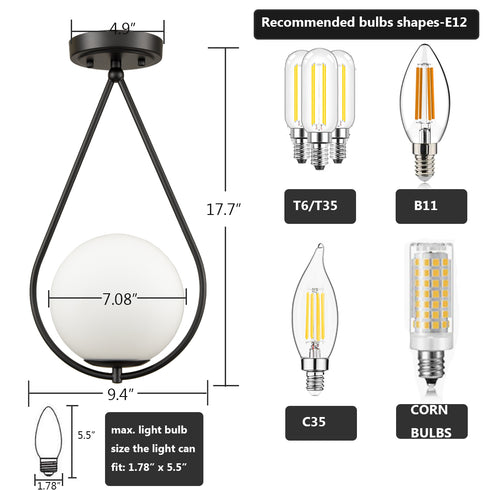 Modern Globe Opal Glass Semi Flush Ceiling Light, Black