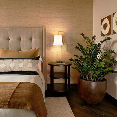 Gold Fabric Shade Wall Sconce Bedroom Plug-in Wall Lamp Set of 2